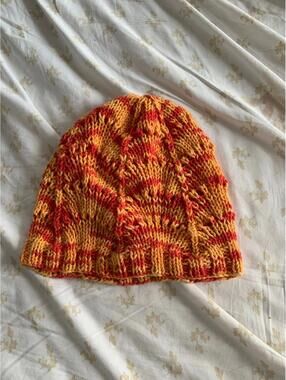 Handmade Knit Beanie – Orange & Red Variegated Yarn Beanie
